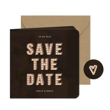 Trouwkaart save the date festival letters met licht 